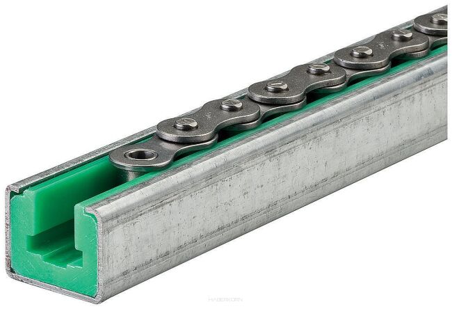 Prowadnica łańcucha rolkowego jednorzędowego, z rowkiem prowadzącym, zamknięta w stalowym profilu profil 9,  1/2”x3/16”