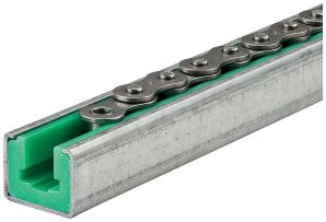 Prowadnica łańcucha rolkowego jednorzędowego, z rowkiem prowadzącym, zamknięta w stalowym profilu profil 9,  1/2”x3/16”